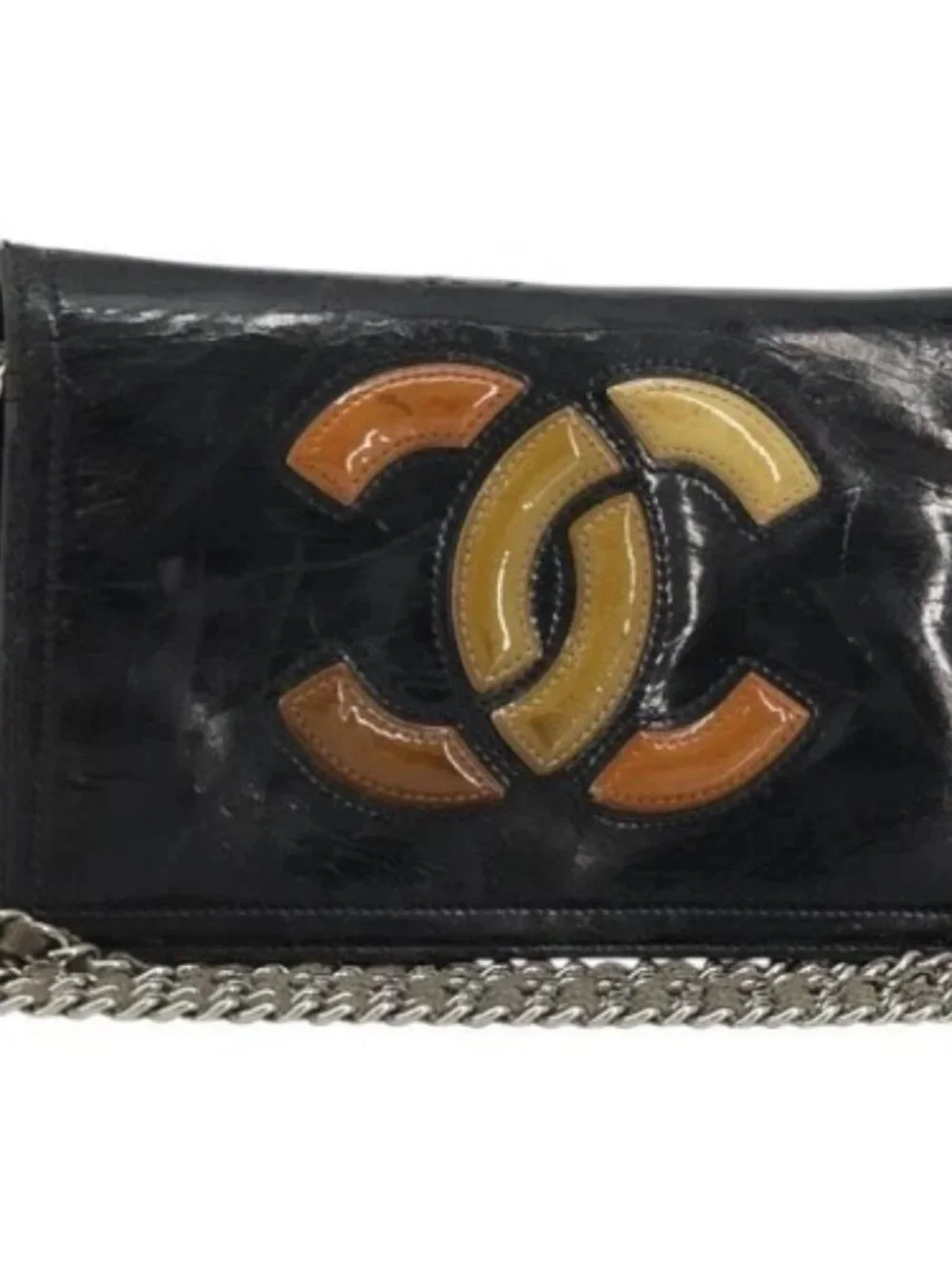 CHANEL COCO Mark Chain Shoulder Bag Patent leather Black Silver CC Auth 175799